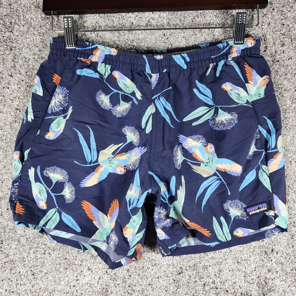 Patagonia Baggies Lights Mens Small Navy Parrot Print Recycled Nylon Excellent